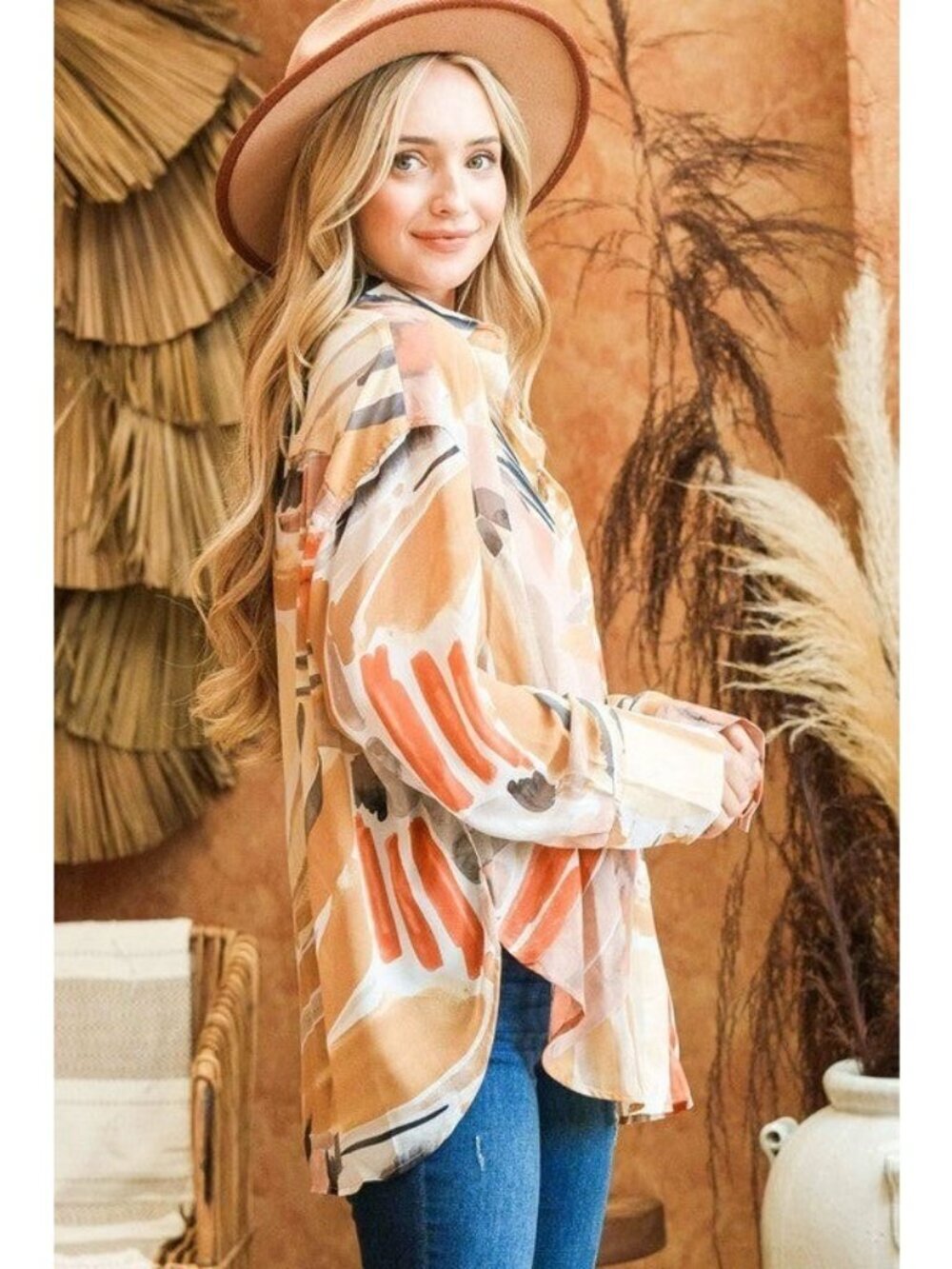 Villa Amber Oversized Button Down Shirt in Watercolor Terracotta Small - Picture 7 of 9